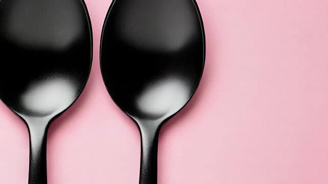 Three black spoons against a pink background, close up