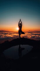 Woman in tree pose yoga silhouette on mountain peak at sunset over clouds