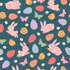 A festive, cute seamless pattern with a bunny, chick, and egg. A spring design for fabric, print, and Easter decoration.