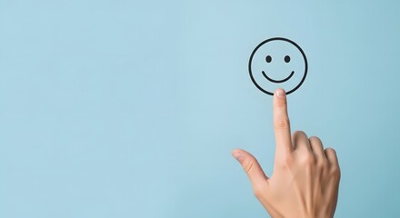 Finger Tapping Happy Face Icon on Blue Background
