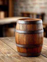 Naklejka premium Rustic wooden barrel on wooden table in vintage tavern setting