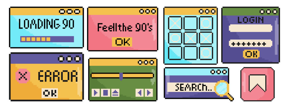 Retro video game interface set. 8 bit pixel art UI and UX elements in 80s and 90s style.