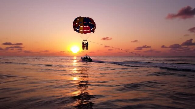 Sunset scene shows parasailing with people suspended over ocean, boat pulling them
