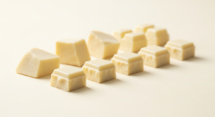 白背景に並んだホワイトチョコレートの塊（お菓子作り・素材・バレンタイン）