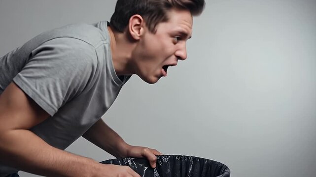 man in gray tee leaning over trash can, feeling nauseous