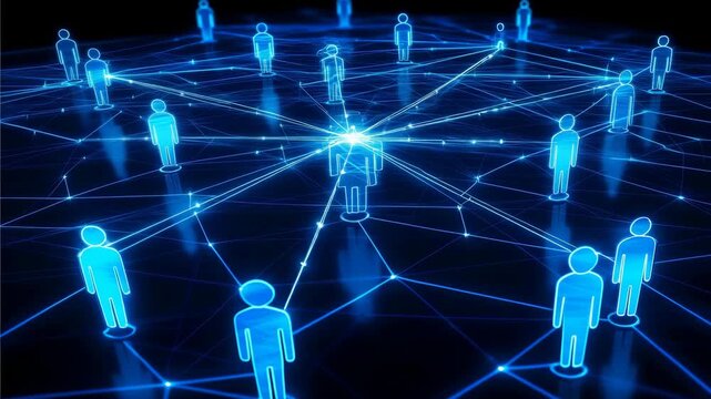 Network of interconnected people with glowing blue connections.