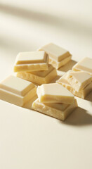 白背景に並んだホワイトチョコレートの塊（お菓子作り・素材・バレンタイン）