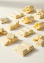 白背景に並んだホワイトチョコレートの塊（お菓子作り・素材・バレンタイン）