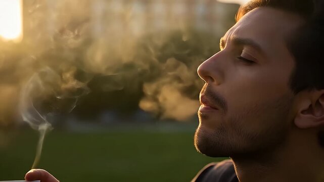 man vaping at sunset in park with smoke clouds