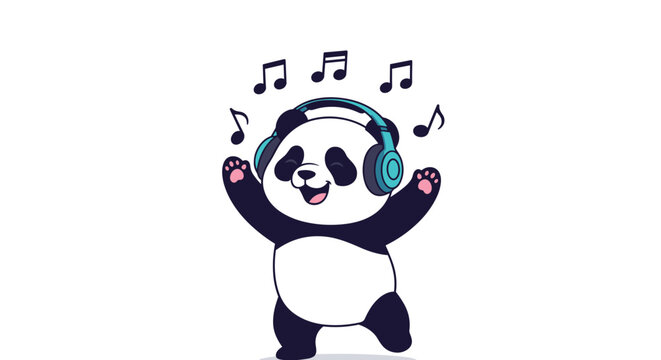 Happy giant panda character dancing and listening to music through teal headphones with musical notes floating in the air.