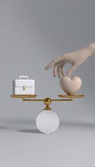 Hand balancing briefcase and heart shape on scales, representing work-life balance