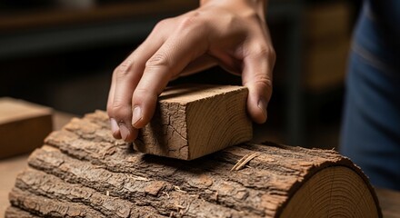 Carpenter Hand Planing Wooden Log Block.