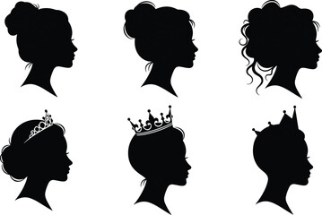 Female profile silhouette collection with crowns, woman head side view set, elegant princess queen vector illustration design artwork © Vexora Studio