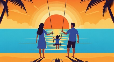 Family Enjoying Beach Sunset Together.