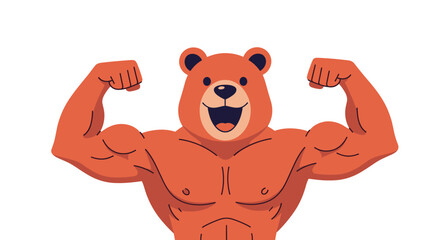 Powerful brown bear mascot with a extremely muscular body and defined abs flexes his arms to demonstrate strength, health, and physical fitness goals.