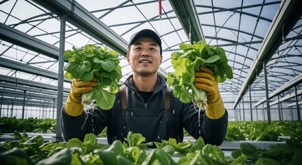 Farmer Harvesting Fresh Lettuce in Greenhouse.
