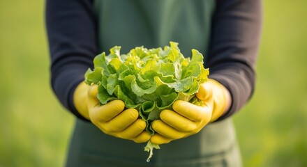 Gardener holding fresh green lettuce in hands.