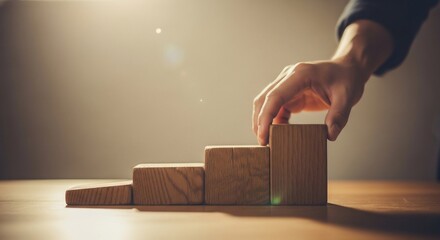 Hand Building Blocks on Wooden Table.