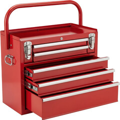 Portable red metal toolbox with multiple drawers and a carrying handle isolated on transparent background