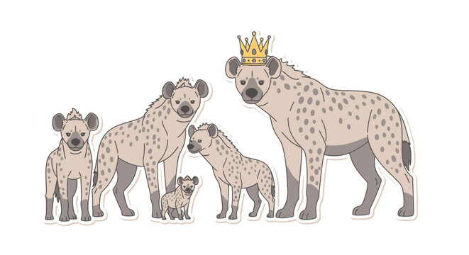 Cute cartoon hyena family with a crowned king and queen hyena