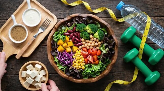 Vibrant Fresh Salad Bowl with Fitness Equipment & Measuring Tape on Wooden Table, Symbolizing Healthy Lifestyle & Wellness Journey