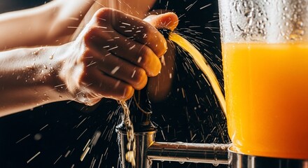 Person Squeezing Orange Juice into Glass.
