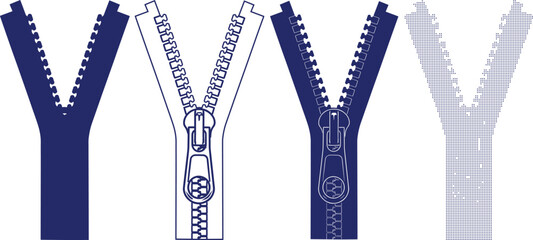 Zipper icons set clean solid silhouette outline stylized variations for clothing fastening or opening closure design