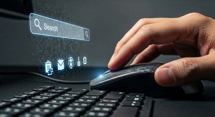 Person using computer with search bar on screen.