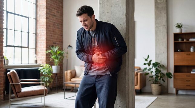 Man clutching stomach with a red highlight indicating pain. Health problem and symptom of disease. Medical concept for digestion issues, discomfort, abdomen, or gastrointestinal illness.