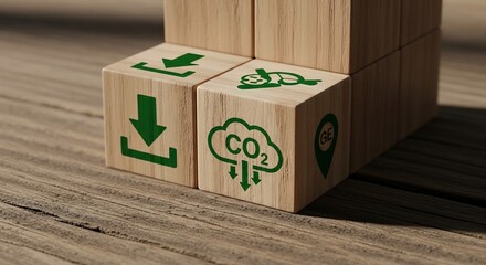 Sustainable Development Wooden Blocks with Green Icons.