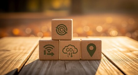 Technology icons on wooden blocks outdoors.