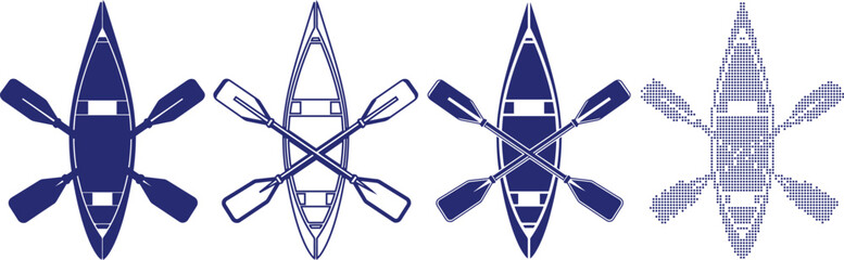 Canoe and paddles rowing boat for water sports and outdoor adventure, filled and outline vector © Emongrapic