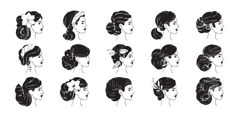 Fototapeta premium Set of female hairstyles in profile. elegant women heads with floral decor in hair salon