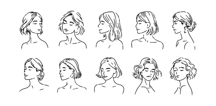 Artistic hand drawn woman portraits set featuring different perspectives for creative design
