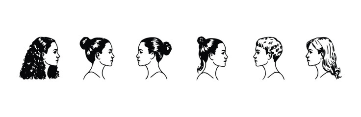 Six side view line art drawings of women with curly hair updos and short styles