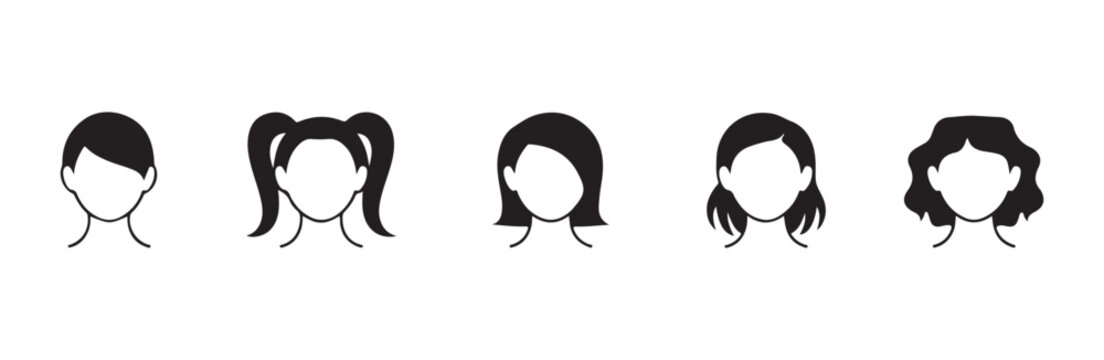 Set of five black and white female head and hairstyle icons front view