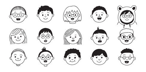 Set of minimalist line art avatar icons showing various cheerful child faces on white background