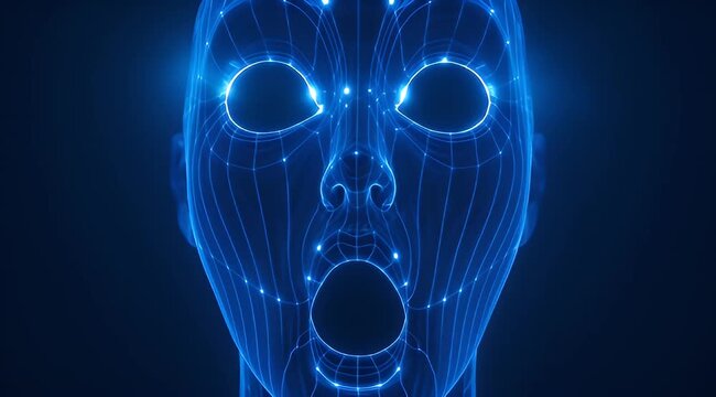 Abstract glowing neon human face wireframe on dark blue background illustration