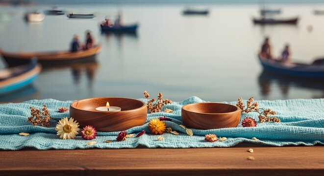 Cheti Chand, Cheti Chand River Offering with Diyas and Traditional Sindhi Ritual Items on Sacred Waterfront at Sunrise
