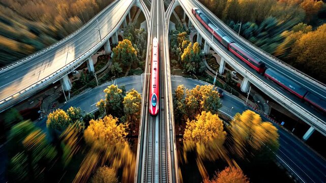 Aerial view of a red high-speed train traveling on tracks amidst elevated roads and autumnal trees