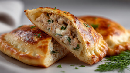 Fresh baked savory pastries with herb filling on plate