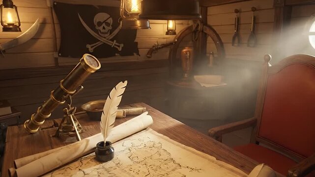 pirate captain's cabin with treasure map and telescope by candlelight