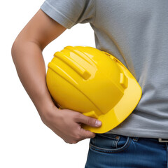 Construction worker holding a yellow safety helmet in his hands isolated on transparent background