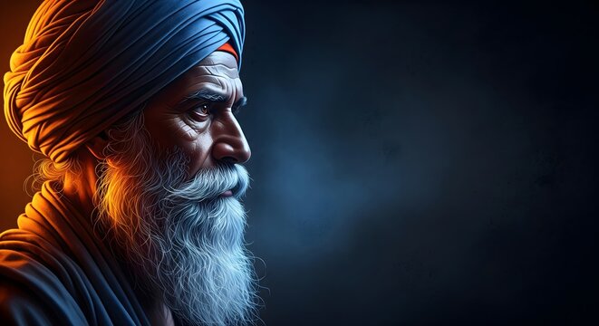 Portrait of Elderly Sikh Man Wearing Turban with Long White Beard, Side Profile Under Dramatic Lighting, Traditional Indian Attire, Mature Male Expression, Cultural Identity and Heritage Image