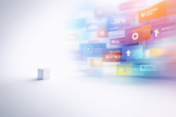 Fototapeta premium Minimal white cube on clean background with colorful blurry ad banners on the right, concept of clarity among information overload, perfect for digital marketing visuals