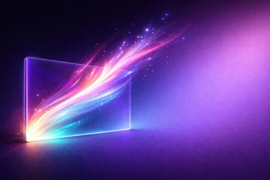 Animated banner concept with glowing light trails emerging from a transparent rectangle on a dark futuristic background, vibrant gradient colors, visual metaphor for motion design and digital branding