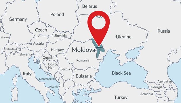 Moldova on the Europe map with pin location marker. Vector flat template.