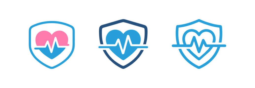 Modern vector collection of health protection shield icons, integrating heartbeats and ECG lines to represent comprehensive medical safety, wellness, and vital healthcare services