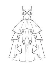 Fototapeta premium Elegant High-Low Tiered Ruffle Ballgown Fashion Illustration with Detailed Black Line Art Outline Stroke Template