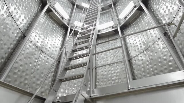 Low angle view of a metal ladder inside a stainless steel industrial tank with dimpled texture walls and bright lights